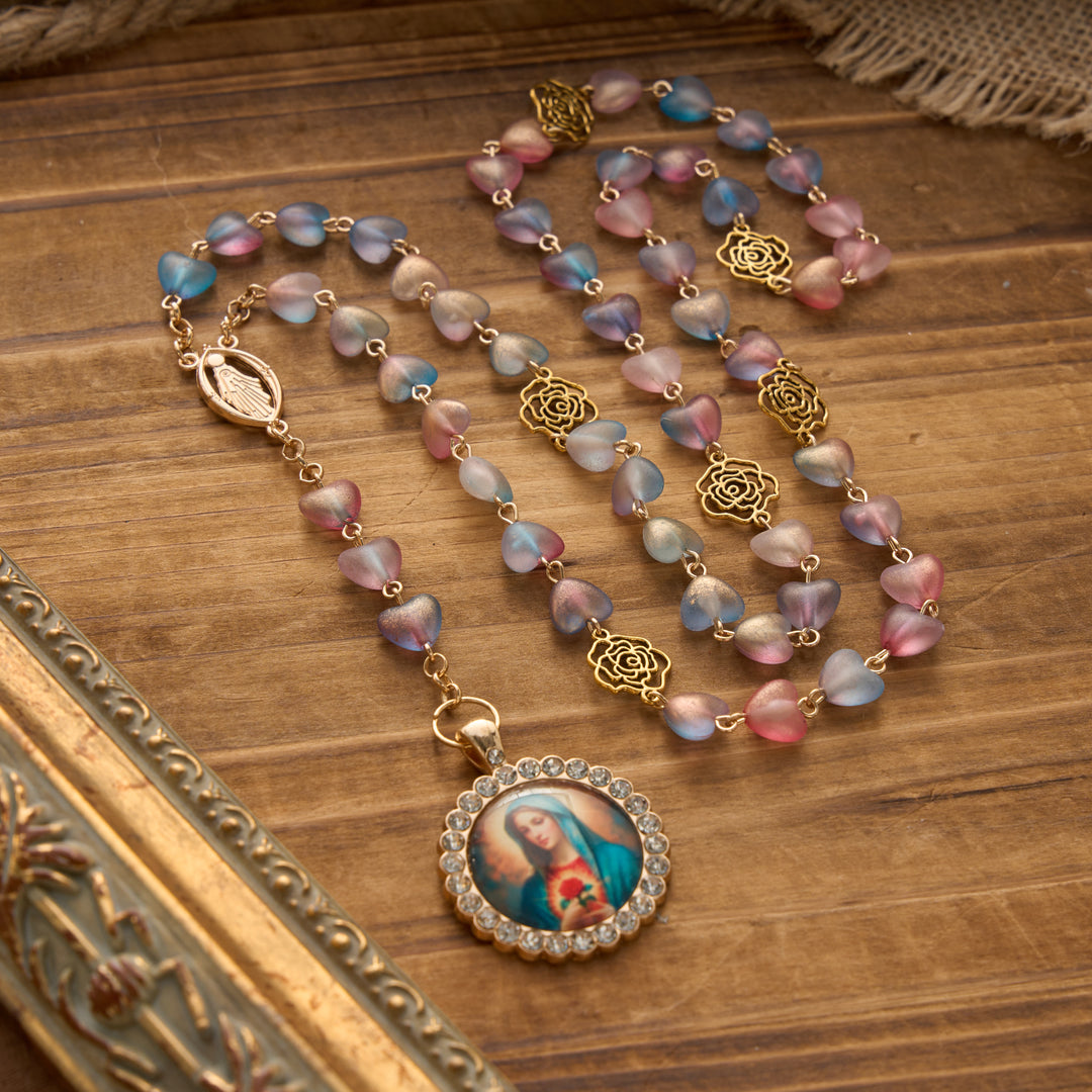 FREE Today: Gradient Frosted Heart Glass Bead Seven Sorrows Rosary with Our Lady Portrait Pendant - Blue - image 1