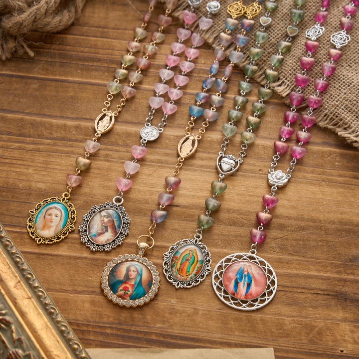 Christianartworkshop Gradient Frosted Heart Glass Bead Seven Sorrows Rosary with Our Lady Portrait Pendant - image 0