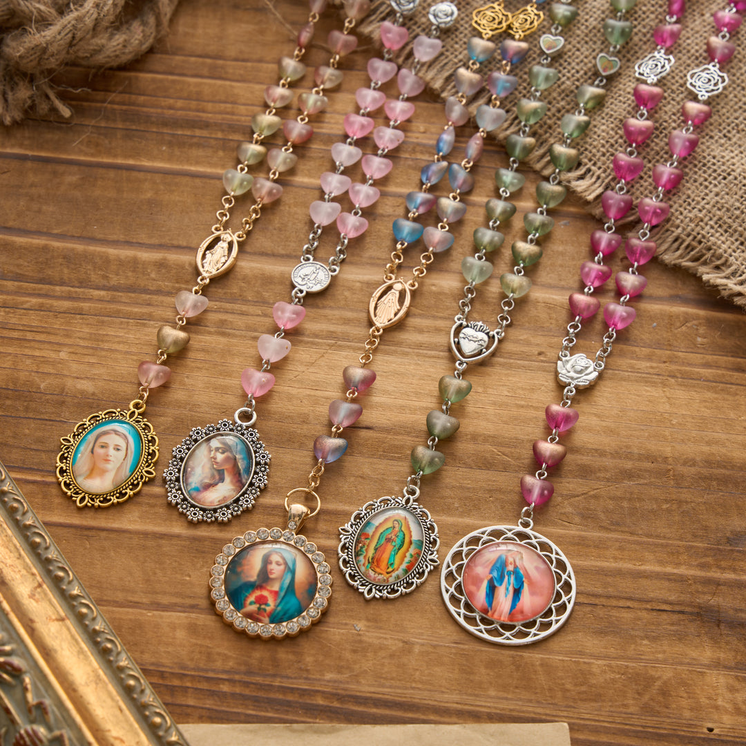 FREE Today: Gradient Frosted Heart Glass Bead Seven Sorrows Rosary with Our Lady Portrait Pendant - image 0