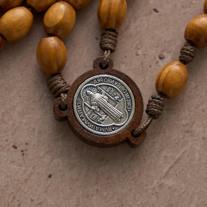 Christianartworkshop Traditional Rustic Oval Wood 15-Decade Rosary with St. Benedict Centerpiece - image 6