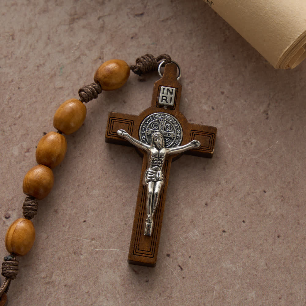 Christianartworkshop Traditional Rustic Oval Wood 15-Decade Rosary with St. Benedict Centerpiece - image 7