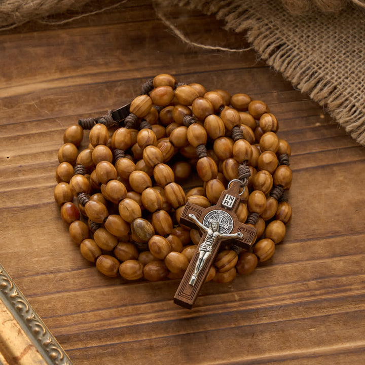 Christianartworkshop Traditional Rustic Oval Wood 15-Decade Rosary with St. Benedict Centerpiece - image 3