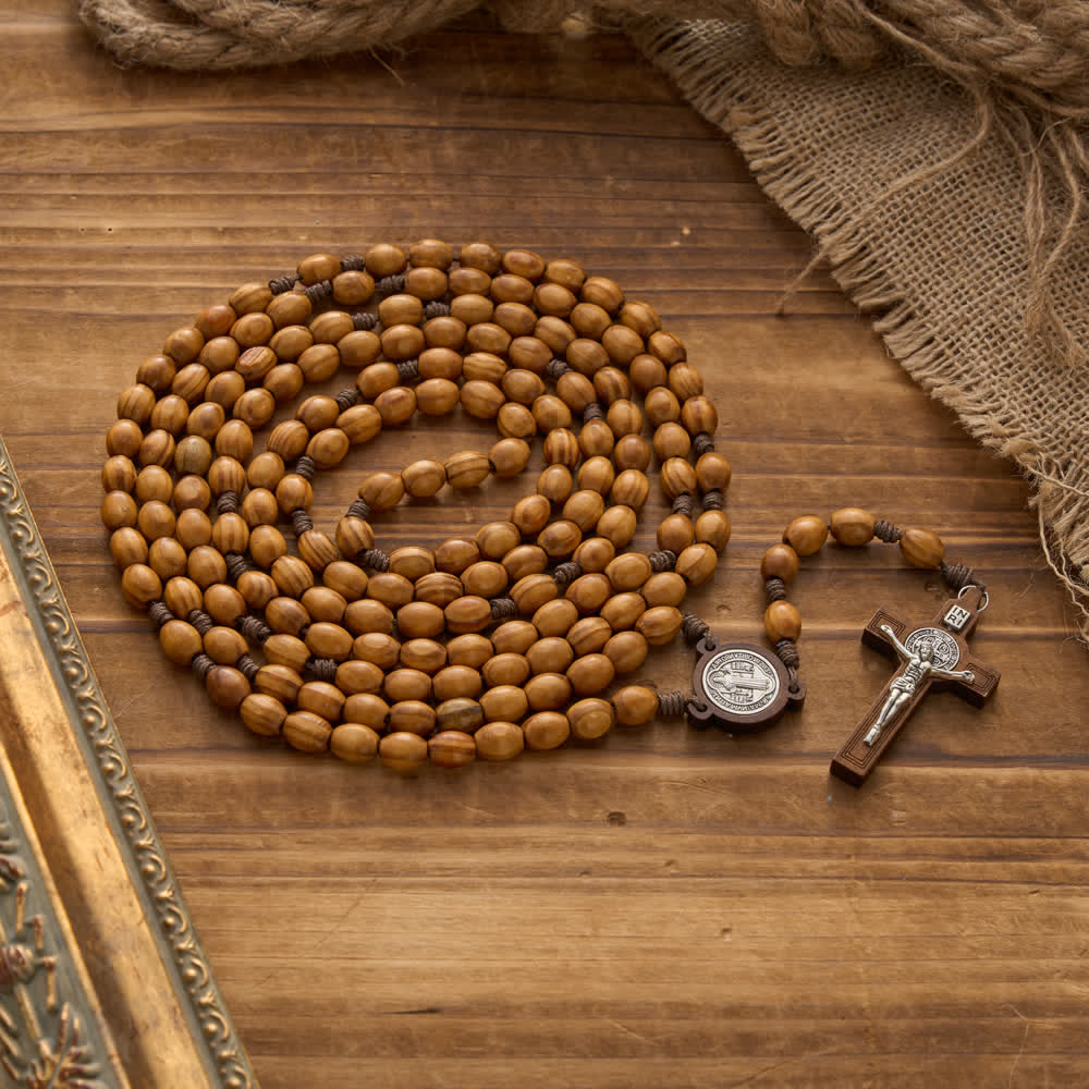 Christianartworkshop Traditional Rustic Oval Wood 15-Decade Rosary with St. Benedict Centerpiece - image 2