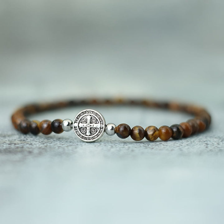 FREE Today: Stretch Natural Stone Bead Bracelet with Embossed St. Benedict Medal Spacers: A Symbol of Divine Protection - Tiger's Eye Stone - image 5