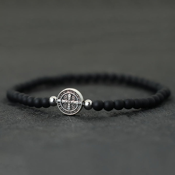 Christianartworkshop Stretch Natural Stone Bead Bracelet with Embossed St. Benedict Medal Spacers: A Symbol of Divine Protection - Matte Stone - image 3