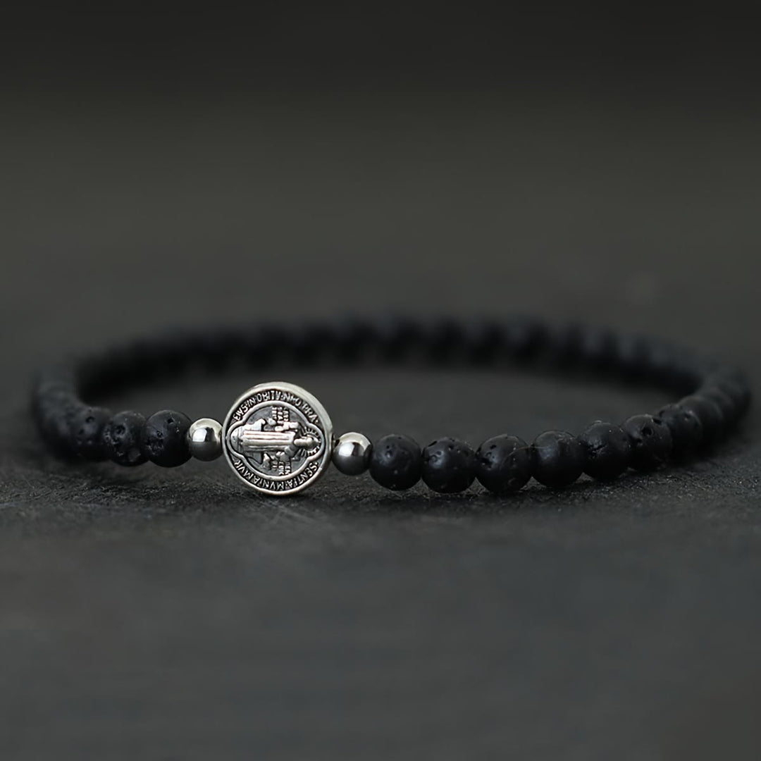 Christianartworkshop Stretch Natural Stone Bead Bracelet with Embossed St. Benedict Medal Spacers: A Symbol of Divine Protection - Volcano Stone - image 7