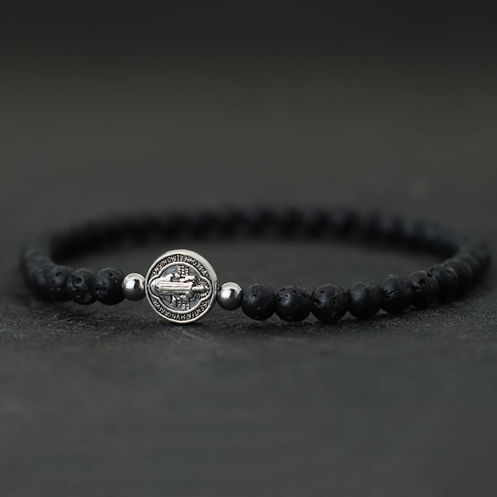 Christianartworkshop Stretch Natural Stone Bead Bracelet with Embossed St. Benedict Medal Spacers: A Symbol of Divine Protection - Volcano Stone - image 7