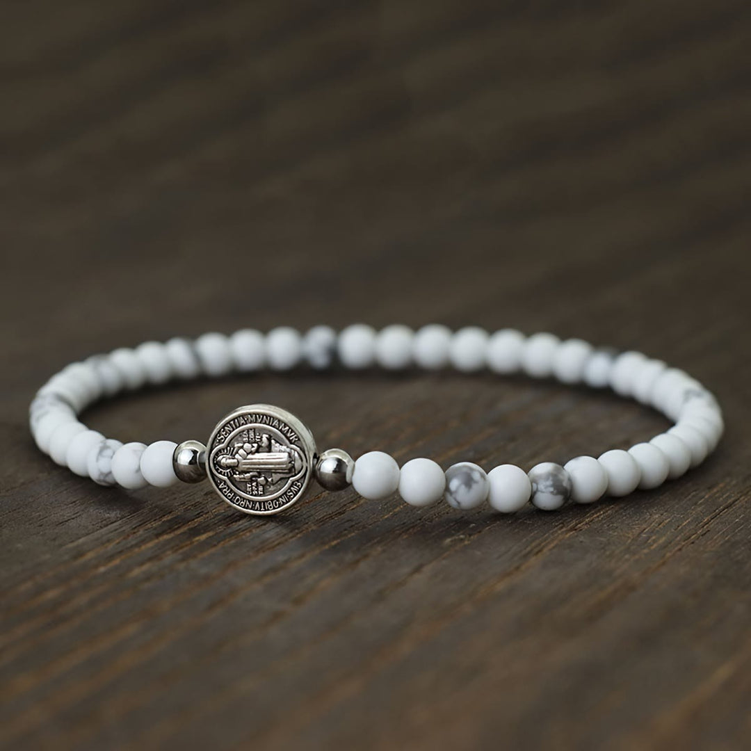 FREE Today: Stretch Natural Stone Bead Bracelet with Embossed St. Benedict Medal Spacers: A Symbol of Divine Protection - image 2