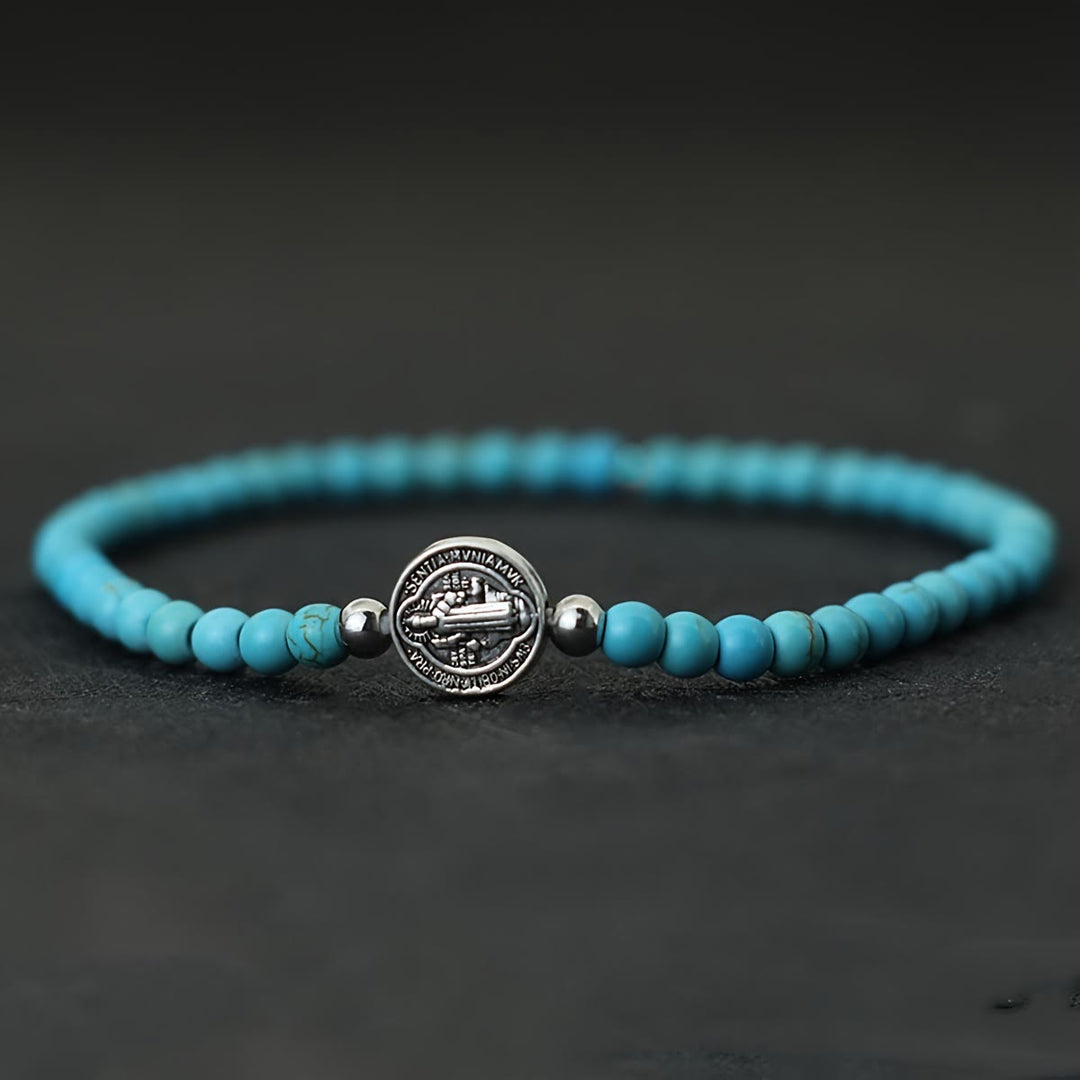 Christianartworkshop Stretch Natural Stone Bead Bracelet with Embossed St. Benedict Medal Spacers: A Symbol of Divine Protection - Turquoise - image 6