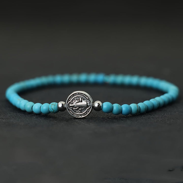 Christianartworkshop Stretch Natural Stone Bead Bracelet with Embossed St. Benedict Medal Spacers: A Symbol of Divine Protection - Turquoise - image 6