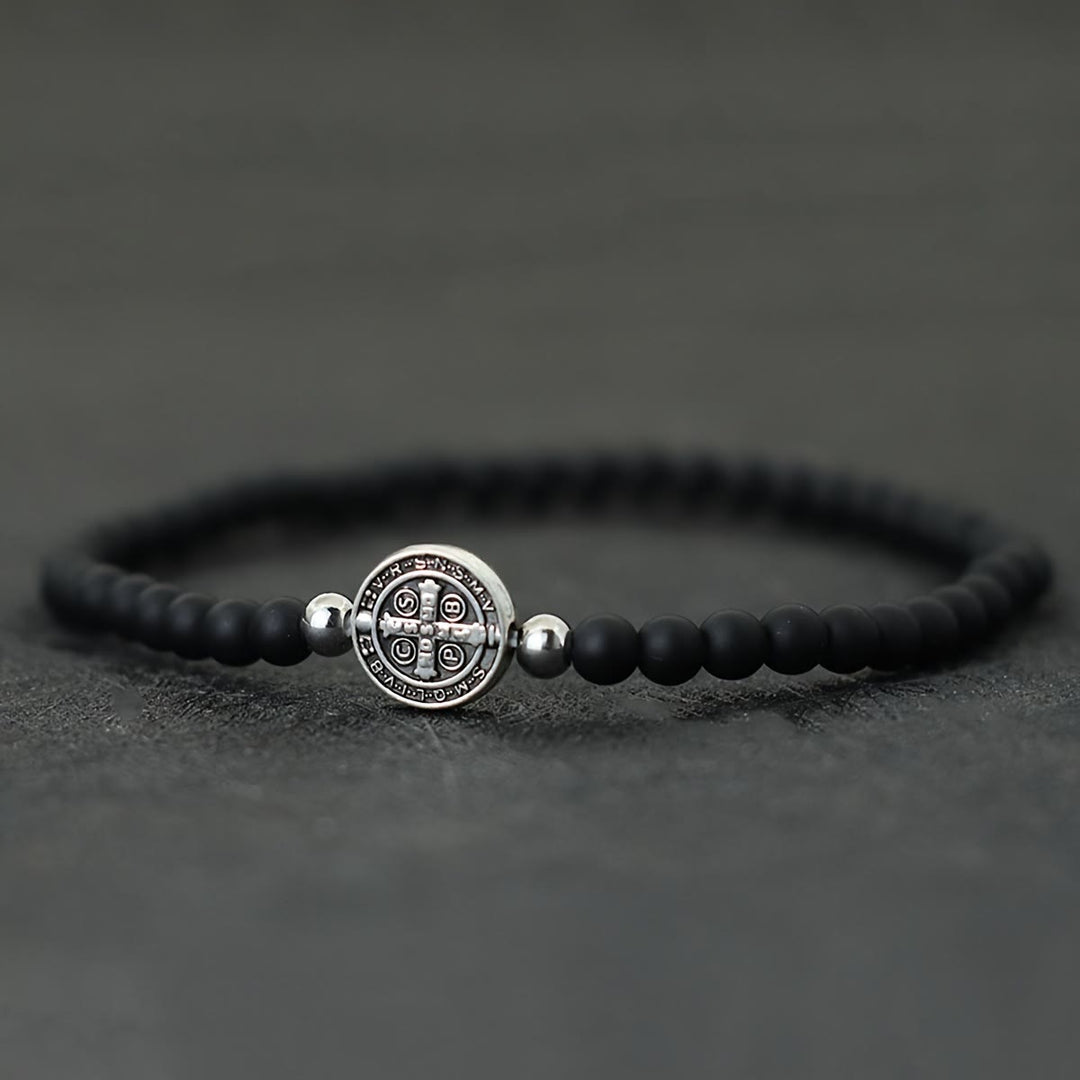 FREE Today: Stretch Natural Stone Bead Bracelet with Embossed St. Benedict Medal Spacers: A Symbol of Divine Protection - Matte Stone - image 3