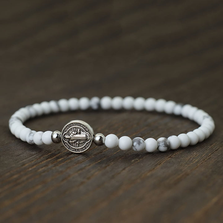 Christianartworkshop Stretch Natural Stone Bead Bracelet with Embossed St. Benedict Medal Spacers: A Symbol of Divine Protection - image 2