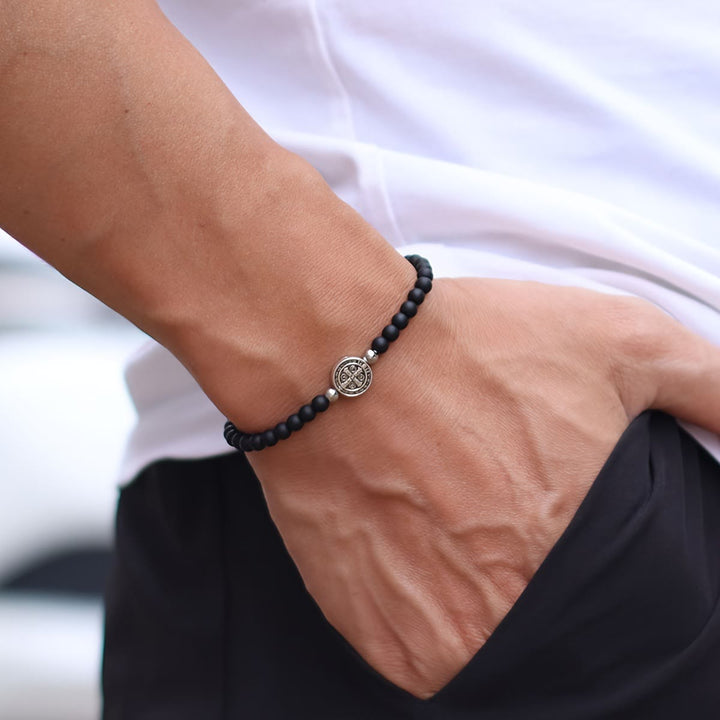 FREE Today: Stretch Natural Stone Bead Bracelet with Embossed St. Benedict Medal Spacers: A Symbol of Divine Protection - image 4