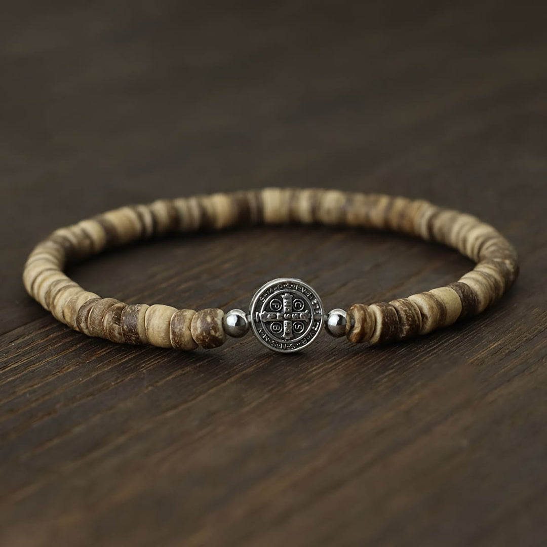 FREE Today: Stretch Natural Stone Bead Bracelet with Embossed St. Benedict Medal Spacers: A Symbol of Divine Protection - Wood - image 9
