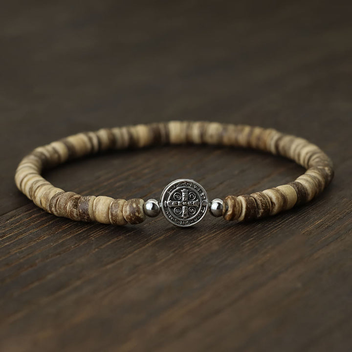 FREE Today: Stretch Natural Stone Bead Bracelet with Embossed St. Benedict Medal Spacers: A Symbol of Divine Protection - Wood - image 9