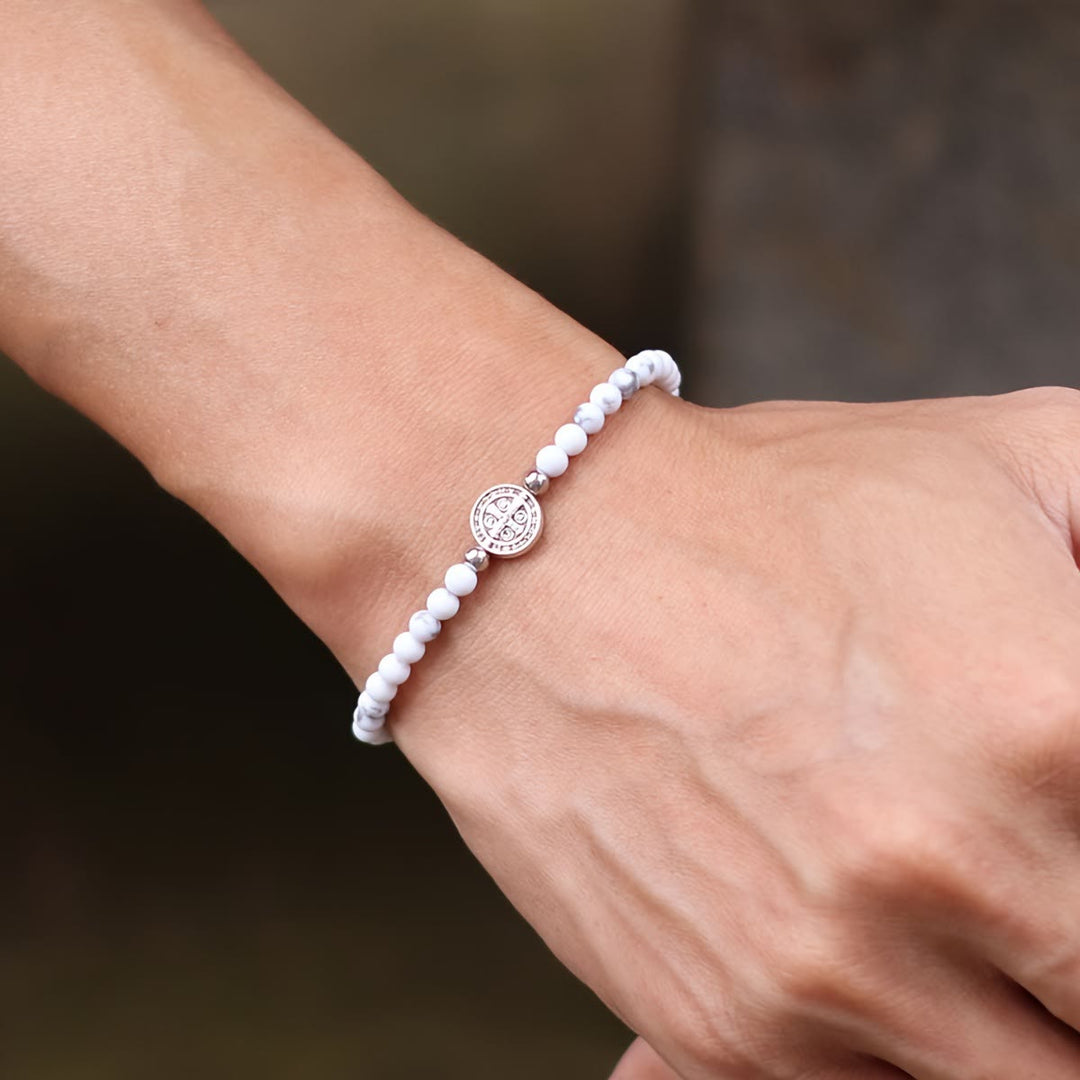 FREE Today: Stretch Natural Stone Bead Bracelet with Embossed St. Benedict Medal Spacers: A Symbol of Divine Protection - image 1