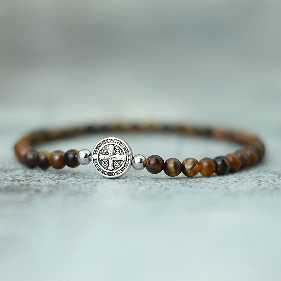 Christianartworkshop Stretch Natural Stone Bead Bracelet with Embossed St. Benedict Medal Spacers: A Symbol of Divine Protection - Tiger's Eye Stone - image 5