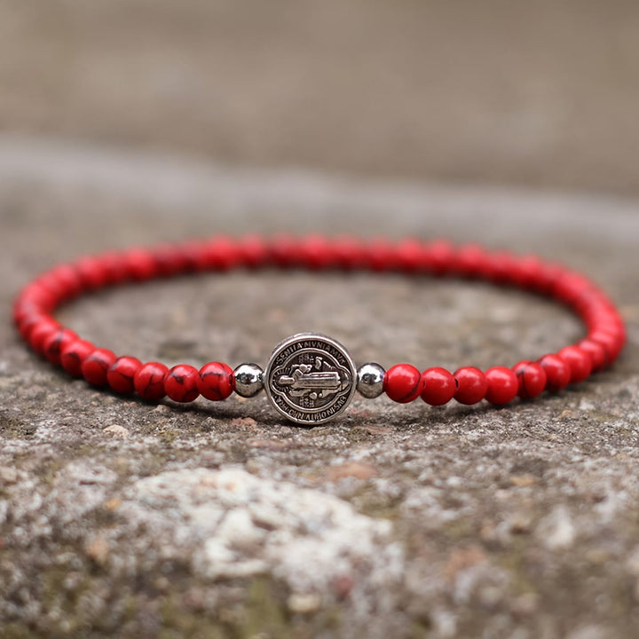 FREE Today: Stretch Natural Stone Bead Bracelet with Embossed St. Benedict Medal Spacers: A Symbol of Divine Protection - Red Turquoise - image 8