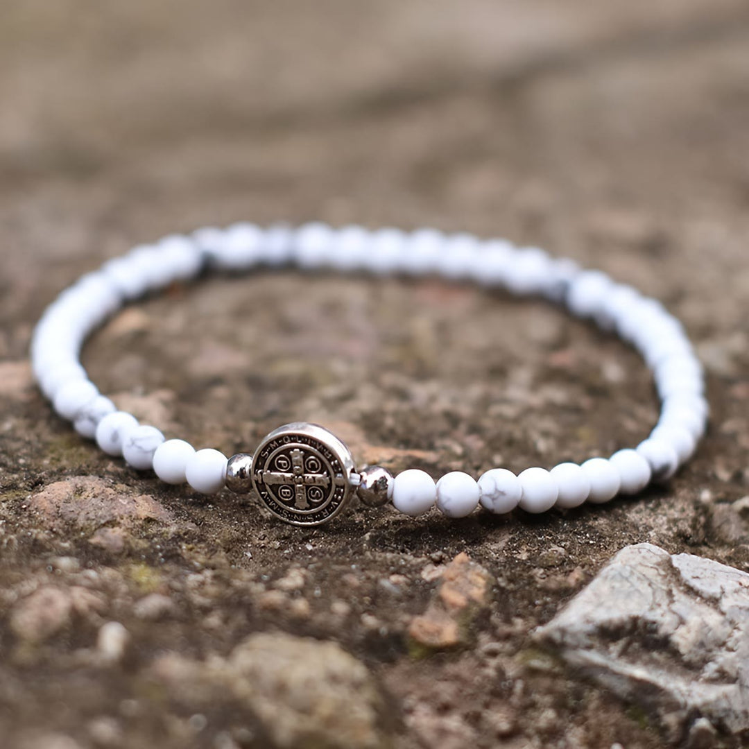 FREE Today: Stretch Natural Stone Bead Bracelet with Embossed St. Benedict Medal Spacers: A Symbol of Divine Protection - White Turquoise - image 0