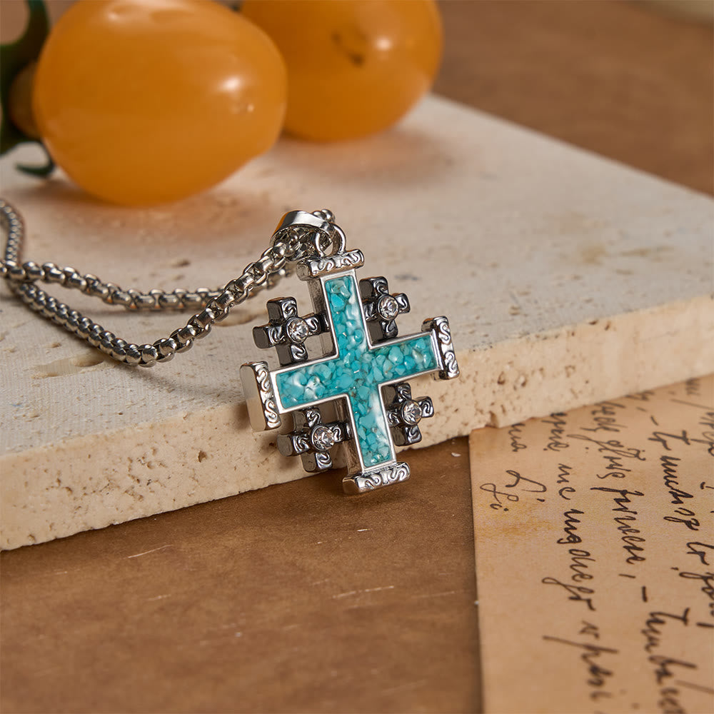 FREE Today: Crushed Turquoise Inlaid Jerusalem Cross Pendant Box Chain Necklace: A Symbol of Complete Faith - image 3