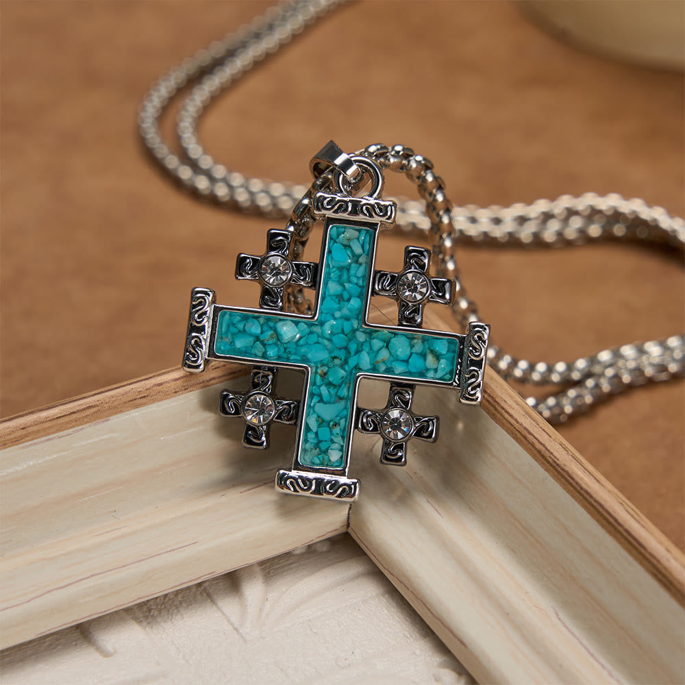 FREE Today: Crushed Turquoise Inlaid Jerusalem Cross Pendant Box Chain Necklace: A Symbol of Complete Faith - image 1