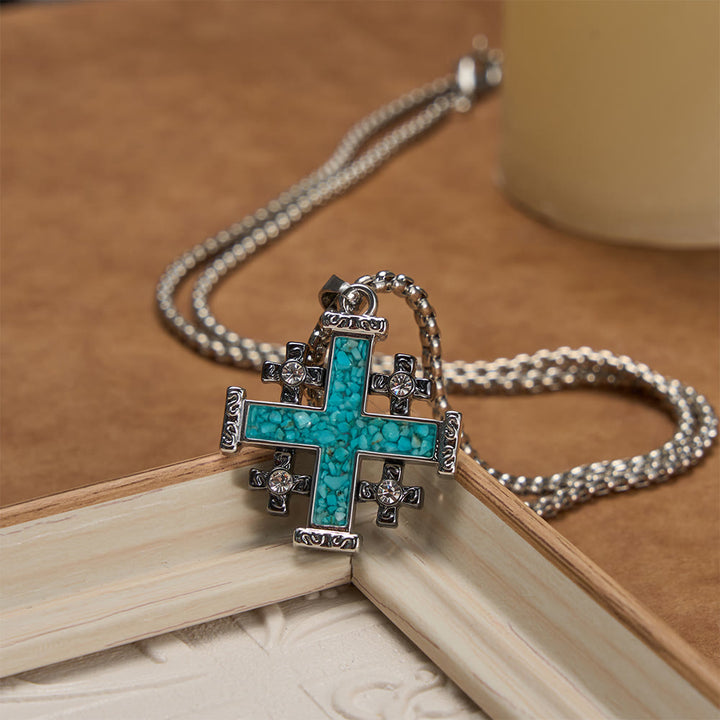 FREE Today: Crushed Turquoise Inlaid Jerusalem Cross Pendant Box Chain Necklace: A Symbol of Complete Faith - image 2