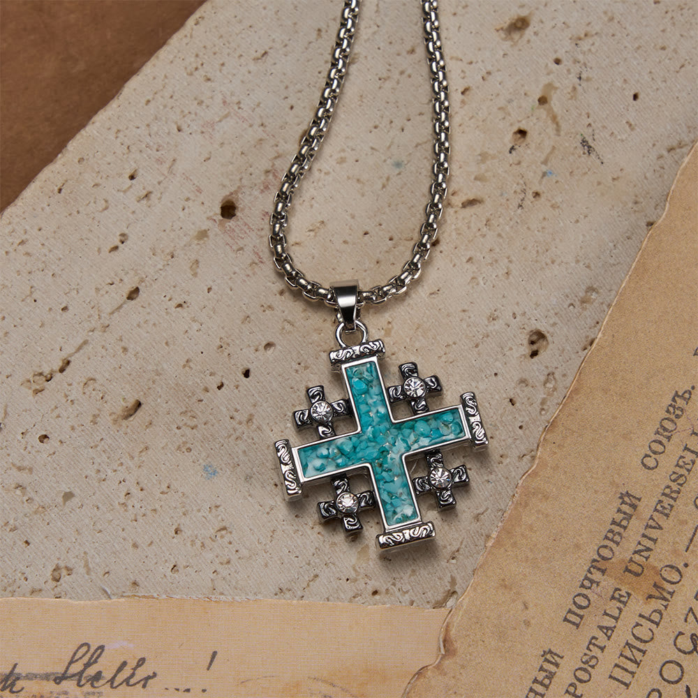 Christianartworkshop Crushed Turquoise Inlaid Jerusalem Cross Pendant Box Chain Necklace: A Symbol of Complete Faith - image 4