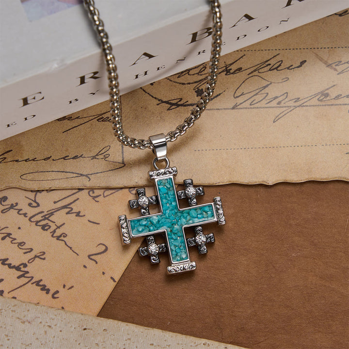 FREE Today: Crushed Turquoise Inlaid Jerusalem Cross Pendant Box Chain Necklace: A Symbol of Complete Faith - Jerusalem Cross - image 0