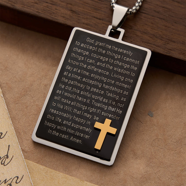 FREE Today: Two-Tone Rectangular Tag Serenity Prayer Engraved Necklace with Raised Gold Cross - image 1