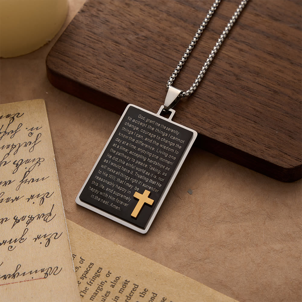 FREE Today: Two-Tone Rectangular Tag Serenity Prayer Engraved Necklace with Raised Gold Cross - Prayer Scripture - image 0