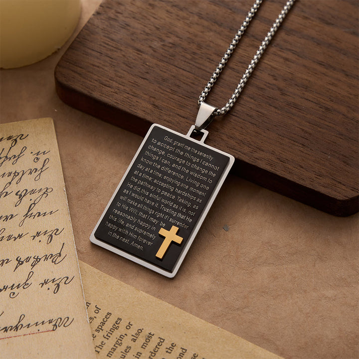 FREE Today: Two-Tone Rectangular Tag Serenity Prayer Engraved Necklace with Raised Gold Cross - Prayer Scripture - image 0