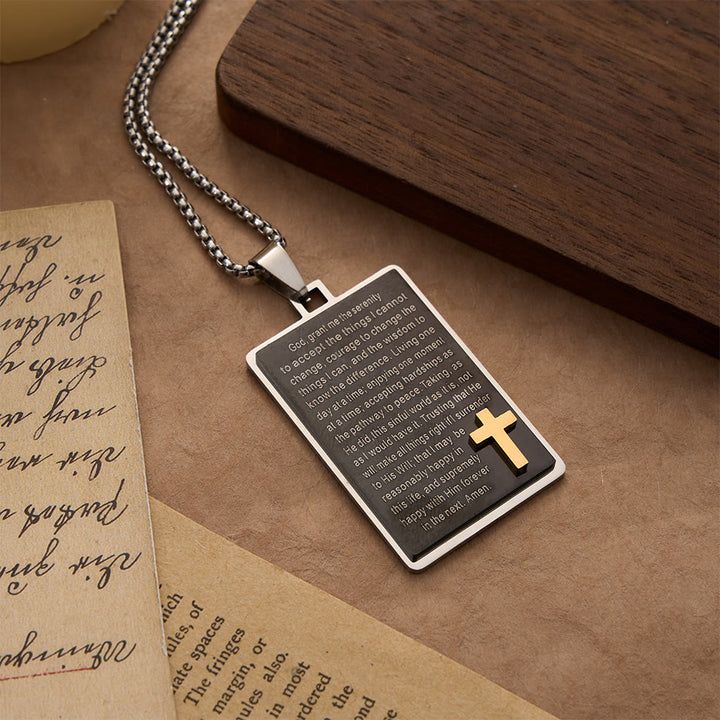 FREE Today: Two-Tone Rectangular Tag Serenity Prayer Engraved Necklace with Raised Gold Cross - image 4