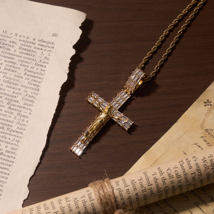 Christianartworkshop Baguette Zircon Fully Iced Crucifix Pendant Twisted Rope Chain Two-Tone Necklace - image 4