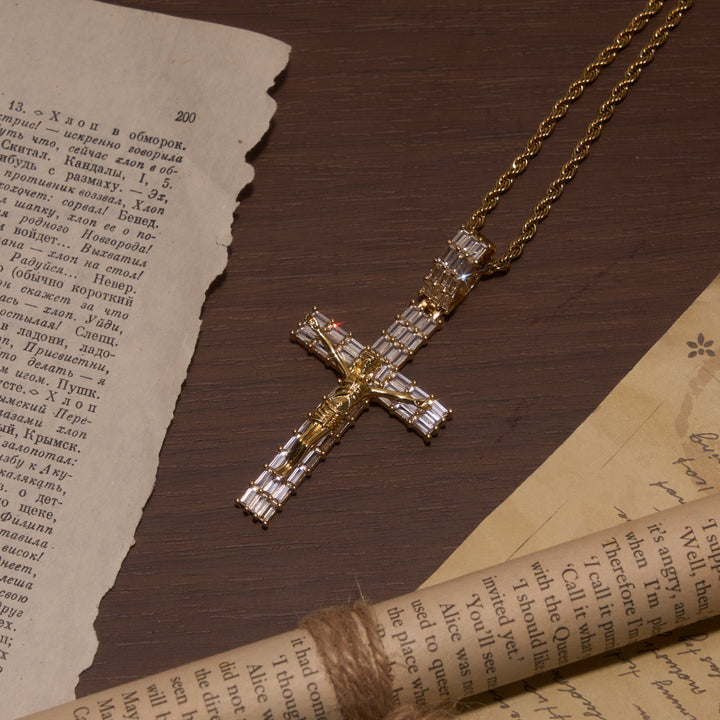 Christianartworkshop Baguette Zircon Fully Iced Crucifix Pendant Twisted Rope Chain Two-Tone Necklace - image 5