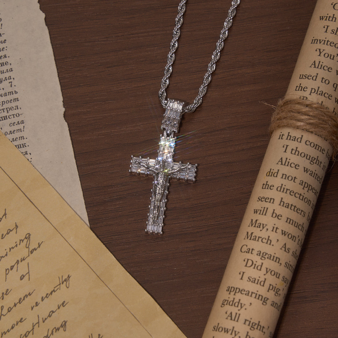Christianartworkshop Baguette Zircon Fully Iced Crucifix Pendant Twisted Rope Chain Two-Tone Necklace - Silver - Medium - image 8