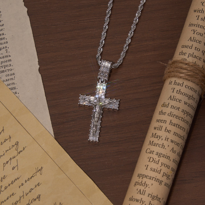 Christianartworkshop Baguette Zircon Fully Iced Crucifix Pendant Twisted Rope Chain Two-Tone Necklace - Silver - Medium - image 8