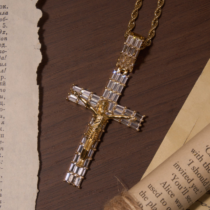 Christianartworkshop Baguette Zircon Fully Iced Crucifix Pendant Twisted Rope Chain Two-Tone Necklace - image 3