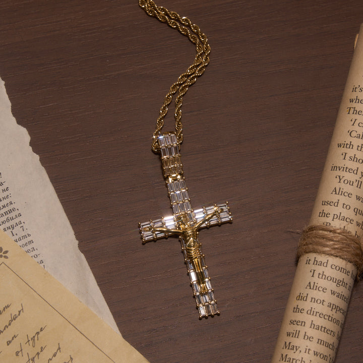 Christianartworkshop Baguette Zircon Fully Iced Crucifix Pendant Twisted Rope Chain Two-Tone Necklace - image 6