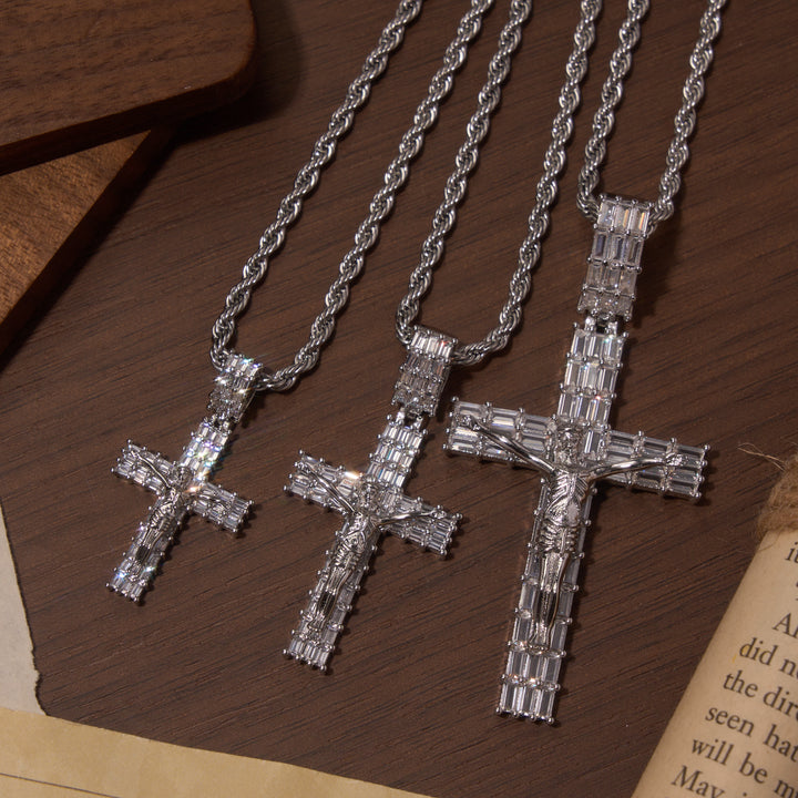 Christianartworkshop Baguette Zircon Fully Iced Crucifix Pendant Twisted Rope Chain Two-Tone Necklace - image 2
