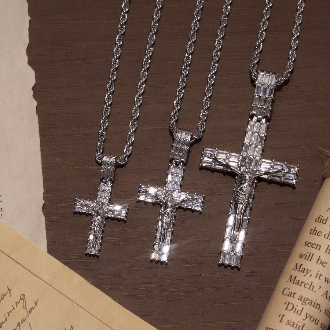 Christianartworkshop Baguette Zircon Fully Iced Crucifix Pendant Twisted Rope Chain Two-Tone Necklace - image 1