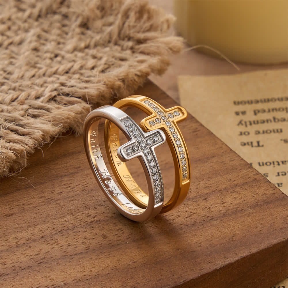 FREE Today: Faith Hope Love Engraved Cross Ring with Golden & Silver Two Colors - image 0