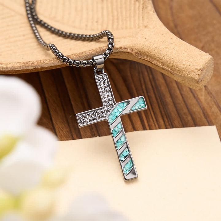 Christianartworkshop Stars & Stripes Patriotic Faith Cross Necklace with Crushed Turquoise Inlay - American Flag Cross - image 0