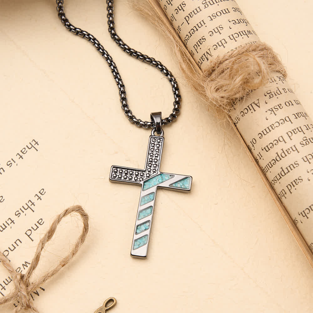 Christianartworkshop Stars & Stripes Patriotic Faith Cross Necklace with Crushed Turquoise Inlay - image 2