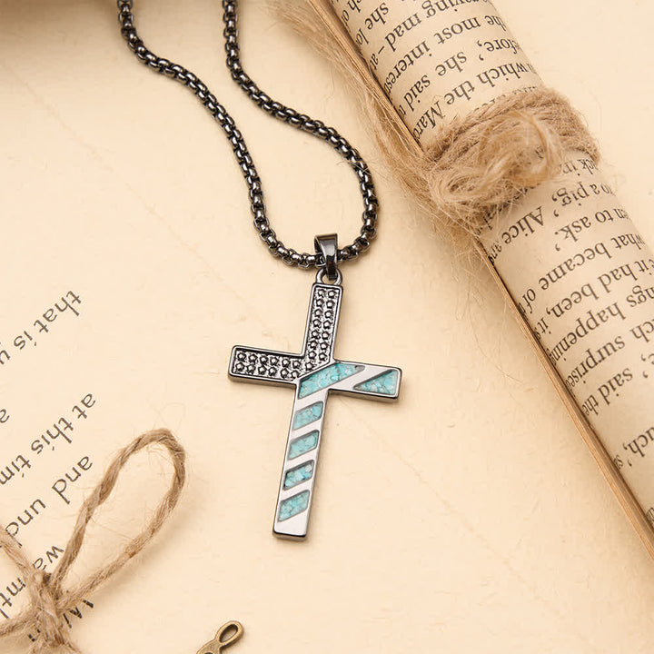 Christianartworkshop Stars & Stripes Patriotic Faith Cross Necklace with Crushed Turquoise Inlay - image 2