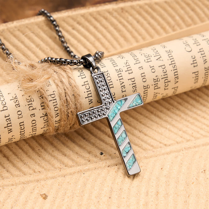 Christianartworkshop Stars & Stripes Patriotic Faith Cross Necklace with Crushed Turquoise Inlay - image 3