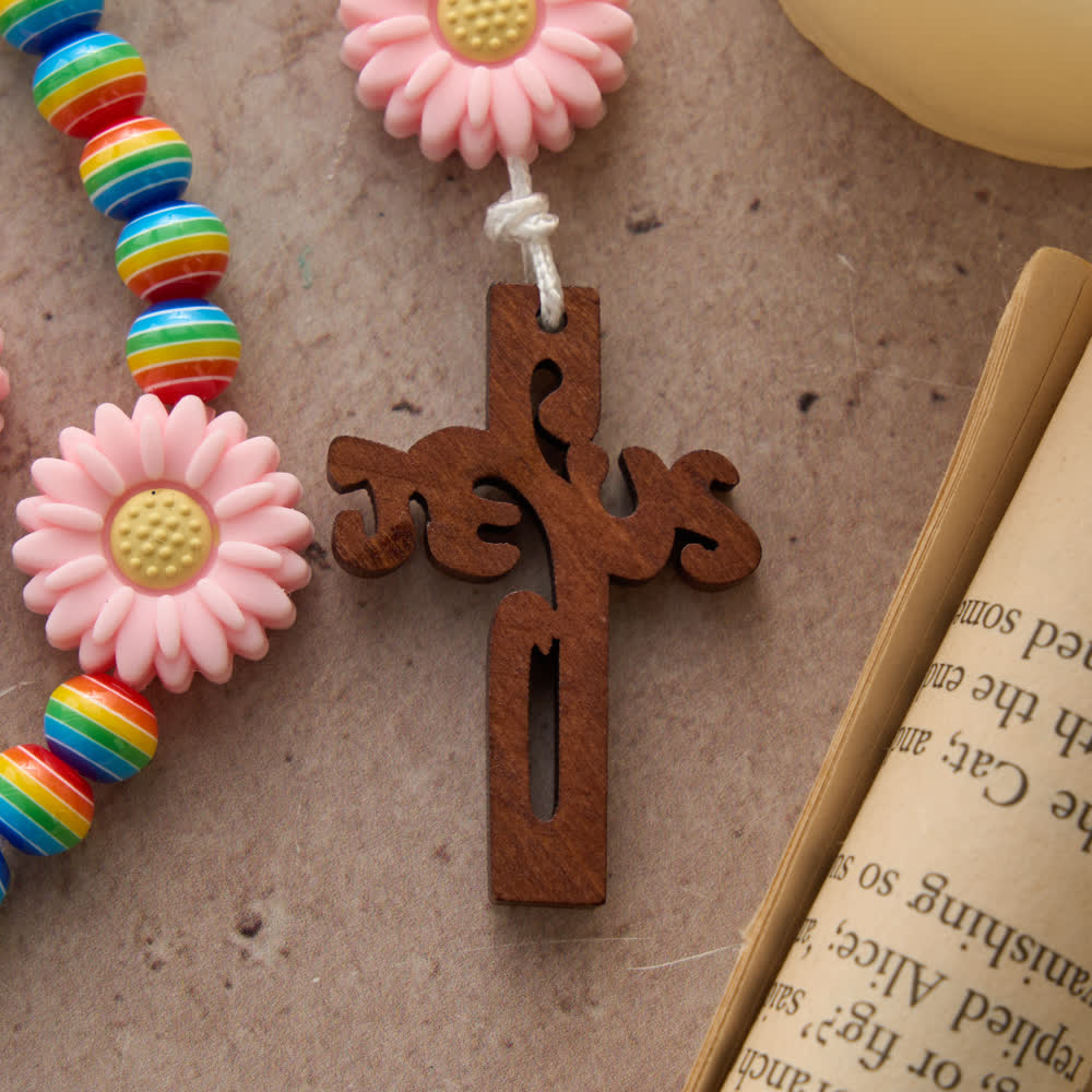 Christianartworkshop Rainbow Candy Stripe Bead Kid's Rosary with Pink Daisy Nodes & Jesus Cross - image 6