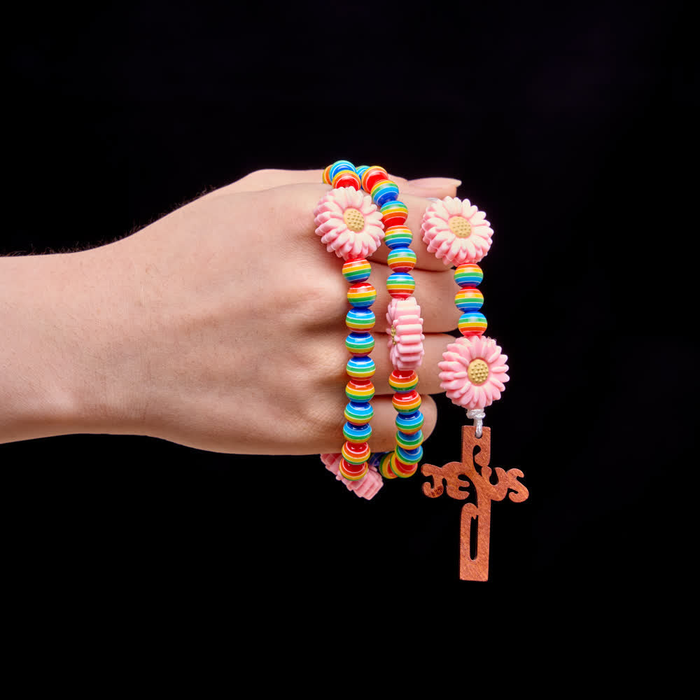 Christianartworkshop Rainbow Candy Stripe Bead Kid's Rosary with Pink Daisy Nodes & Jesus Cross - image 1