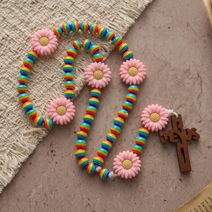 Christianartworkshop Rainbow Candy Stripe Bead Kid's Rosary with Pink Daisy Nodes & Jesus Cross - image 2