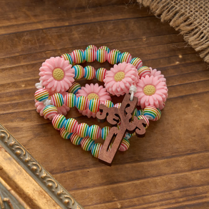 Christianartworkshop Soft Pastel Rainbow Stripe Rosary with Pink Daisy & Kids' Faith Accessory - image 4