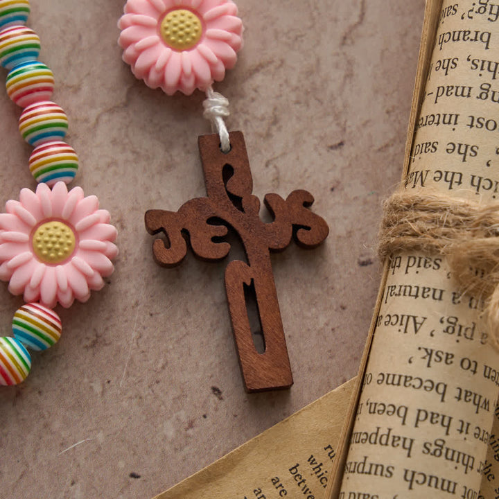Christianartworkshop Soft Pastel Rainbow Stripe Rosary with Pink Daisy & Kids' Faith Accessory - image 5